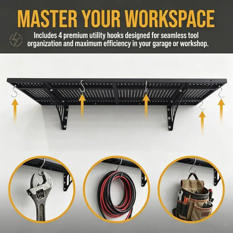 Heavy Duty Garage Wall Shelves Set Four Pack 1.4 X 4 Ft Black Metal With Hooks For Tools Storage Rugged Steel Wall Organizer Racks To Free Floor Space And Keep Your Workshop Neat, black metal shelf with hooks holding tools and cables