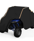 Heavy Duty UTV Cover For 2 To 3 Seaters, Medium Size With Reflective Strip, covering a blue UTV, showcasing windproof material