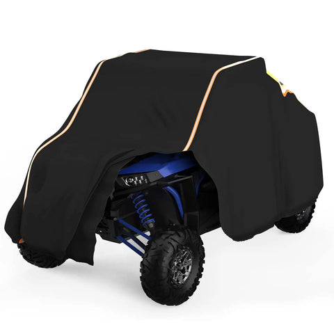 Heavy Duty UTV Cover For 2 To 3 Seaters, Medium Size With Reflective Strip, covering a blue UTV, showcasing windproof material
