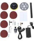 25 piece accessory kit for Top Pick Mini Table Saw including blades, polishing pads, drill tools, and power cable.