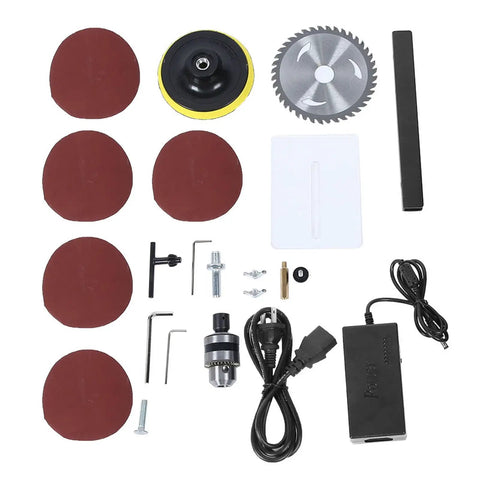 25 piece accessory kit for Top Pick Mini Table Saw including blades, polishing pads, drill tools, and power cable.