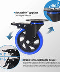 Close-up of 5 Inch Caster Wheels Set Of 4 Heavy Duty with dual locking brakes, showing 360-degree swivel and blue polyurethane foam wheel.