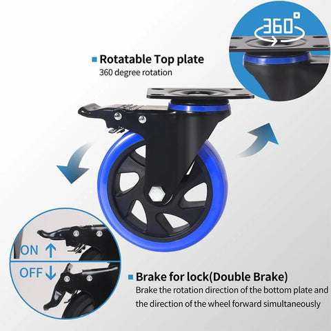 Close-up of 5 Inch Caster Wheels Set Of 4 Heavy Duty with dual locking brakes, showing 360-degree swivel and blue polyurethane foam wheel.