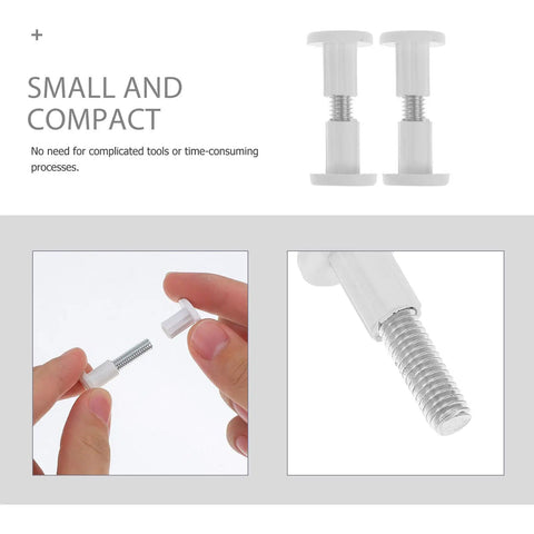 Close-up of 50 White Wood Panel Fasteners And Connector Bolts Kit For Cabinet And Tabletop Assembly, fingers holding hardware.