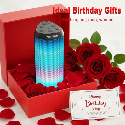 20W Portable Bluetooth Speaker With Crankin Loud Stereo Sound, 8 LED Light Modes in a red gift box with roses