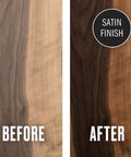 Before and after application of Cutting Board Oil For Wood And Butcher Block, 32 Oz Jug, FDA Food Contact Safe, Satin Finish.