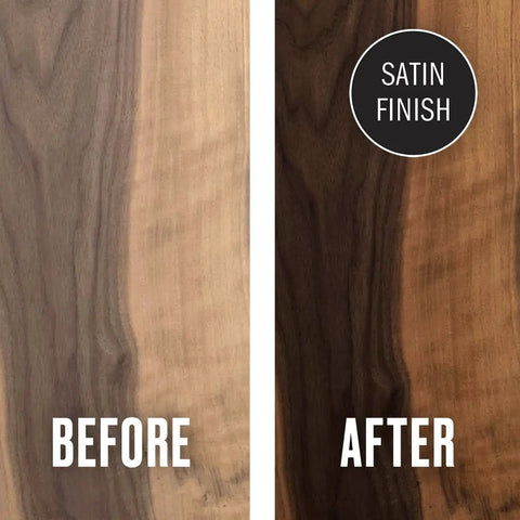 Before and after application of Cutting Board Oil For Wood And Butcher Block, 32 Oz Jug, FDA Food Contact Safe, Satin Finish.
