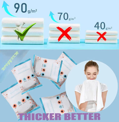 Comparison of towel thickness and woman holding Six Pack Large Compressed Towels That Expand To 56 By 28 Inch Bath Towels When Wet