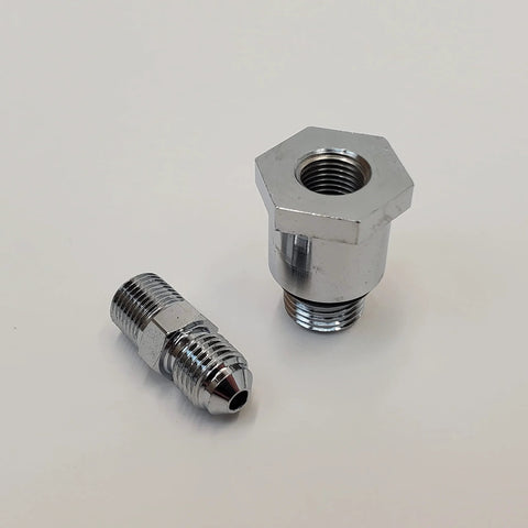 Two chrome Harley Evo oil pressure gauge mount fittings; hex nut adapter and threaded nipple