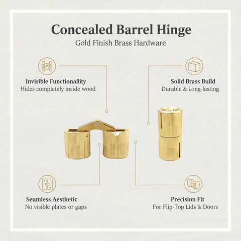 Gold Finish Concealed Barrel Hinge for Woodworking Stealthy Inset Mount Hidden Cabinet Hinge For Flip Top Boxes And Furniture Doors
