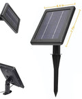 Close-up of Solar Outdoor Spotlights Waterproof LED Flood Light With Separate Solar Panel, featuring ground stake and dimensions.