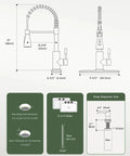 Dimensions and installation diagram for Brushed Nickel Kitchen Faucet With Pull Down Sprayer And Soap Dispenser 18 Inch High Arc 360 Swivel 3 Mode Spray Single Handle Stainless Steel Fits 1 To 4 Hole Sinks No Sweat Easy Install