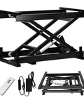 Heavy Duty Electric Scissor Lift Table With Wireless Remote Control, height adjustable platform in black metal design.