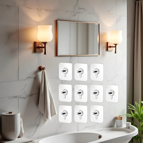 No Drill Wall Hooks Set Of 10 Heavy Duty Adhesive Hangers For Kitchen Bathroom And Home Damage Free Picture Hanging Hardware With Removable Non Marking Tape Easy Install Reusable Holds Towels Keys Mugs And More. White wall hooks set in bathroom