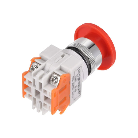 22mm Mounting Latching Emergency Stop Push Button Switch with Red Housing and Yellow Protective Cover, rear view