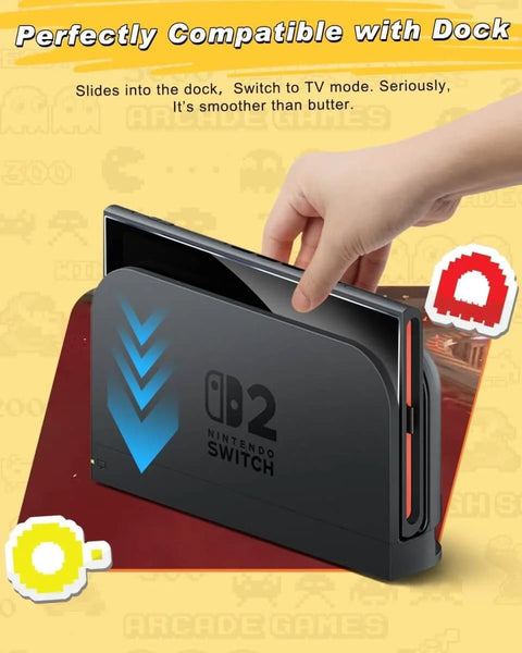 Nintendo Switch 2 being inserted into the dock, demonstrating compatibility and ease of use in TV mode.