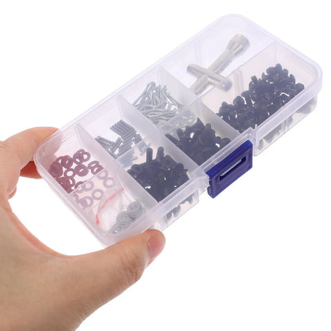 Rc Car Screw Assortment Kit With Iron And Plastic Wrenches, Portable Hardware Fastener Set For Body Clips And Quick Fixes, Durable Tools For Rc Vehicle Maintenance, Includes Compact Storage Box For Indoor And Outdoor Use, clear compartment box with mixed screws and washers