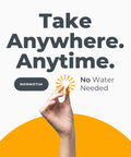 Hand holding a tablet against a background that reads 'Take Anywhere. Anytime. No Water Needed. NORMOTIM'