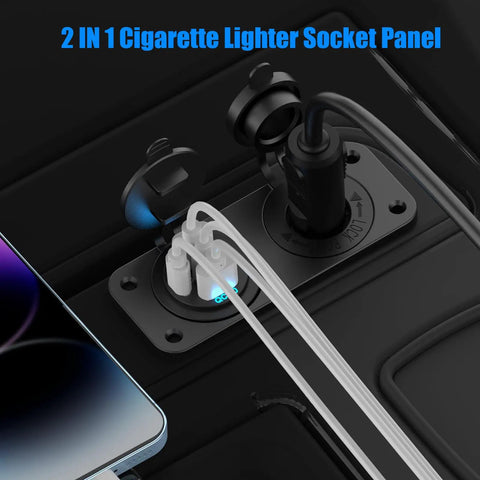 4 Port 12V Usb Car Charger Switch Panel With Pd30w Qc18w Fast Charge, close-up of 2 in 1 panel with USB cables connected.