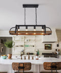 Dope Four Light Metal Pot Rack Chandelier With Faux Wood Grain Finish over kitchen island, rustic farmhouse style