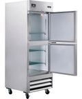 Commercial Reach In Split Door Freezer With Dual Solid Doors And Twenty Three Cubic Feet Of Badass Cold Storage For Quick Bites Kitchens Plus Corner Shops Featuring No Fuss Digital Thermostat Controls Sleek Wire Shelving Racks, silver stainless steel design with open doors.