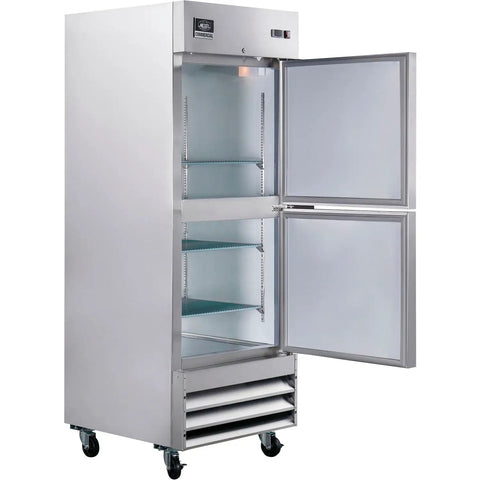 Commercial Reach In Split Door Freezer With Dual Solid Doors And Twenty Three Cubic Feet Of Badass Cold Storage For Quick Bites Kitchens Plus Corner Shops Featuring No Fuss Digital Thermostat Controls Sleek Wire Shelving Racks, silver stainless steel design with open doors.