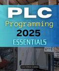 Cover of book titled 'PLC Programming 2025 Essentials' with industrial background and control panel visible.