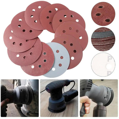 100 Pcs 5 Inch Hook And Loop Sanding Discs in various grits, alumina material, designed for dust-free operation.