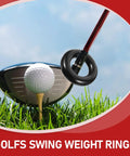 Weighted Golf Swing Rings Set For Quick Warm Up And Skill Mastery next to a golf club and ball on grass.