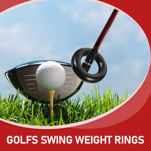 Weighted Golf Swing Rings Set For Quick Warm Up And Skill Mastery next to a golf club and ball on grass.