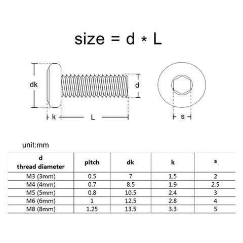 Dimensional chart and diagram for 304 Stainless Flat Head Hex Socket Screws For Furniture And Metalwork M3 To M8