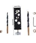 Rock Solid Aluminum Alloy Pocket Hole Jig No Fuss Drill Guide Tool With Snap Lock Countersink Design For Quick Woodworking And Furniture Assembly Builds parts showing measurements and drill bits.