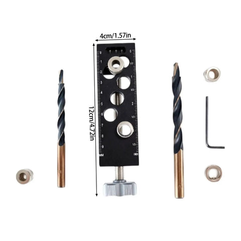Rock Solid Aluminum Alloy Pocket Hole Jig No Fuss Drill Guide Tool With Snap Lock Countersink Design For Quick Woodworking And Furniture Assembly Builds parts showing measurements and drill bits.