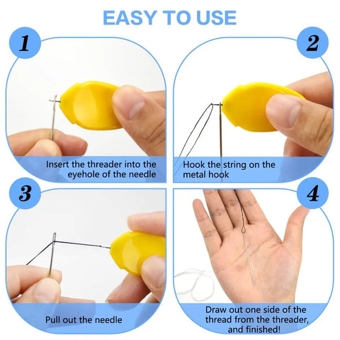 Demonstration of All In One Sewing Needle Threader Kit 19 In 1 With Handy Storage Case, showing steps to use yellow threader.