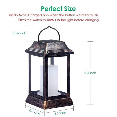 Lit Flickering Flame Solar Lanterns Set metal outdoor hanging lights dimensions with bronze finish for patio garden.