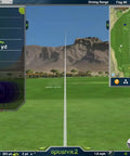 On-screen view of Game Ready Indoor Golf Simulator Kit with Net and Mat for Home Setup showing club speed and course map.