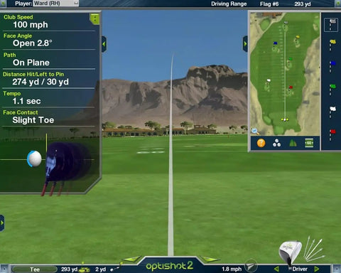 On-screen view of Game Ready Indoor Golf Simulator Kit with Net and Mat for Home Setup showing club speed and course map.