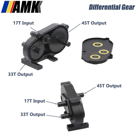 1 By 10 Scale RC Crawler Transmission Kit Beefed Up With Thirty Percent Overdrive Gearbox And Three Driveshafts For Axial SCX10 II Element Enduro DIY LCG Chassis Black, showing gear outputs 45T, 33T, and 17T input.