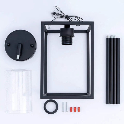 Components of Black Pendant Light For Kitchen Island And Dining Room With Seeded Glass In A Sturdy Metal Cage Fixture Farmhouse Style