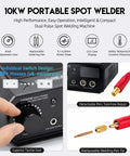 Close-up of Beefy 10000W Battery Spot Welder controls and detachable pen for DIY electronics repair, featuring 1200A dual pulse.