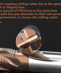 Carbide roughing end mill, 1/4 in shank, 4-flute, copper-colored cutter on metal surface