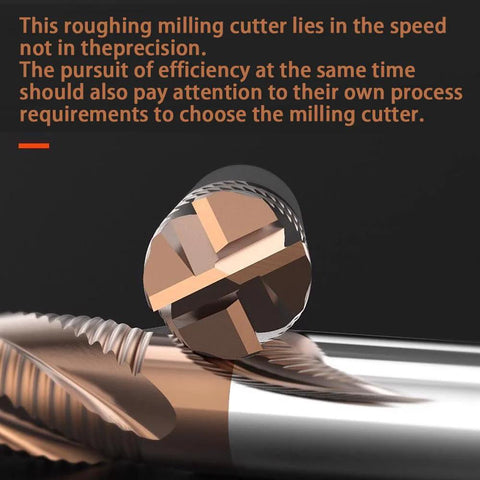 Carbide roughing end mill, 1/4 in shank, 4-flute, copper-colored cutter on metal surface