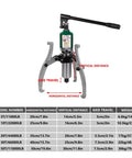 Heavy Duty Hydraulic Brake Drum Puller And Bearing Puller Featuring Three Tough Steel Jaws for automotive rotors with measurement chart.