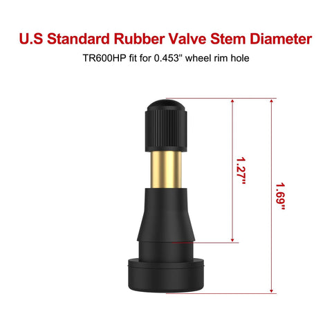 SUNSOUL TR600HP brass tire valve stem with EPDM rubber, black cap, snap-in, 0.453 in rim hole, 5-pack