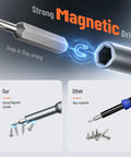 Comparison of strong magnetic driver versus non-magnetic, highlighting magnetic suction with screws, part of 25 In 1 Precision Mini Screwdriver Set With Magnetic Tips For Glasses Laptop iPhone MacBook Computer Watch Xbox Switch And Electronics Ideal Fathers Day Gift For Men.