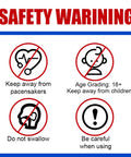 Safety warning for Tiny 3x2mm Magnets Set with symbols: pacemaker, age restriction, do not swallow, caution in use.
