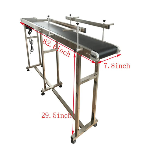 Side view of 110V PVC Belt Conveyor With Double Guardrails, 82.6 Inch Long, 7.8 Inch Belt Width, stainless steel frame.