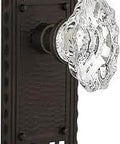 Old School Craftsman Style Door Plate With Chateau Knob Privacy Lockset Solid Brass Plates And Lead Crystal Knobs Two And Three Eighths Backset Oil Rubbed Bronze Finish
