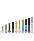 Premium Titanium Flange Bolts Torx Drive M10 X 60mm Motorcycle Hardware in various colors and sizes on a white background.