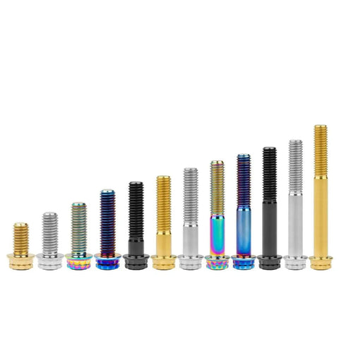 Premium Titanium Flange Bolts Torx Drive M10 X 60mm Motorcycle Hardware in various colors and sizes on a white background.